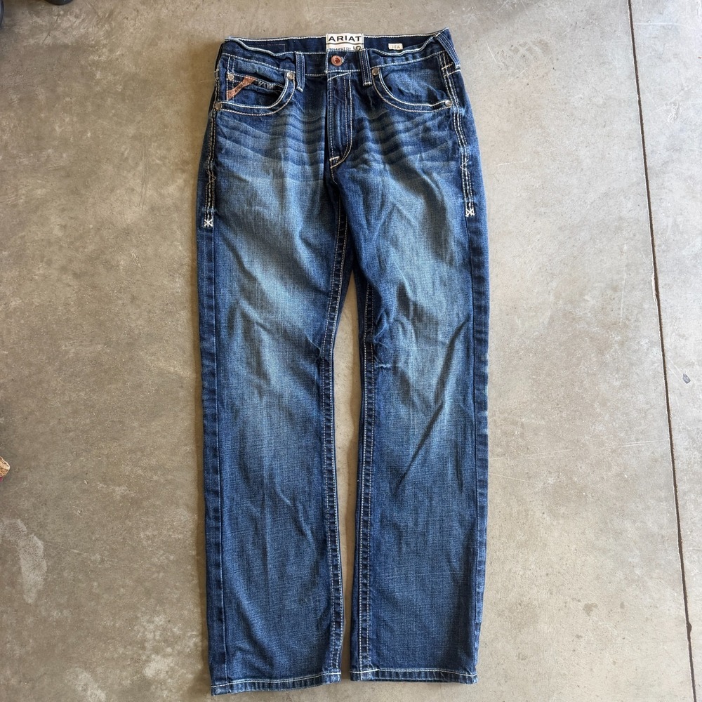 Ariat Jeans Mens 32x34 M5 Straight Fit Straight Leg Whisker Wash Blue Denim